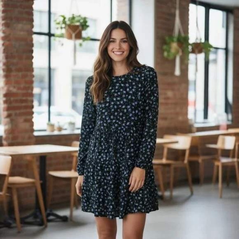 LOFT Womens Black Blue Floral Tiered Swing Dress Long Sleeve Size L